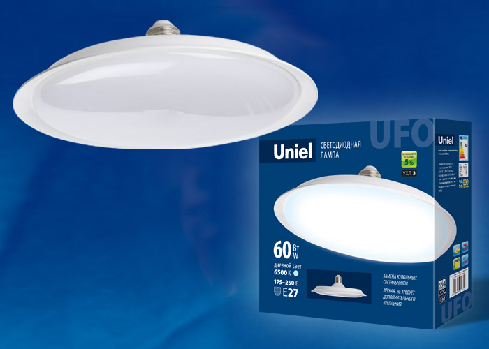 LED-U270-60W/6500K/E27/FR PLU01WH Лампа светодиодная. Форма «UFO», матовая. Дневной белый свет (6500 LED-U270-60W/6500K/E27/FR PLU01WH Лампа светодиодная. Форма «UFO», матовая. Дневной белый свет (6500